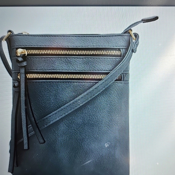 NWOT Deluxity Multi Pocket Double Zipper Blue Gray Crossbody Bag - Picture 9 of 9
